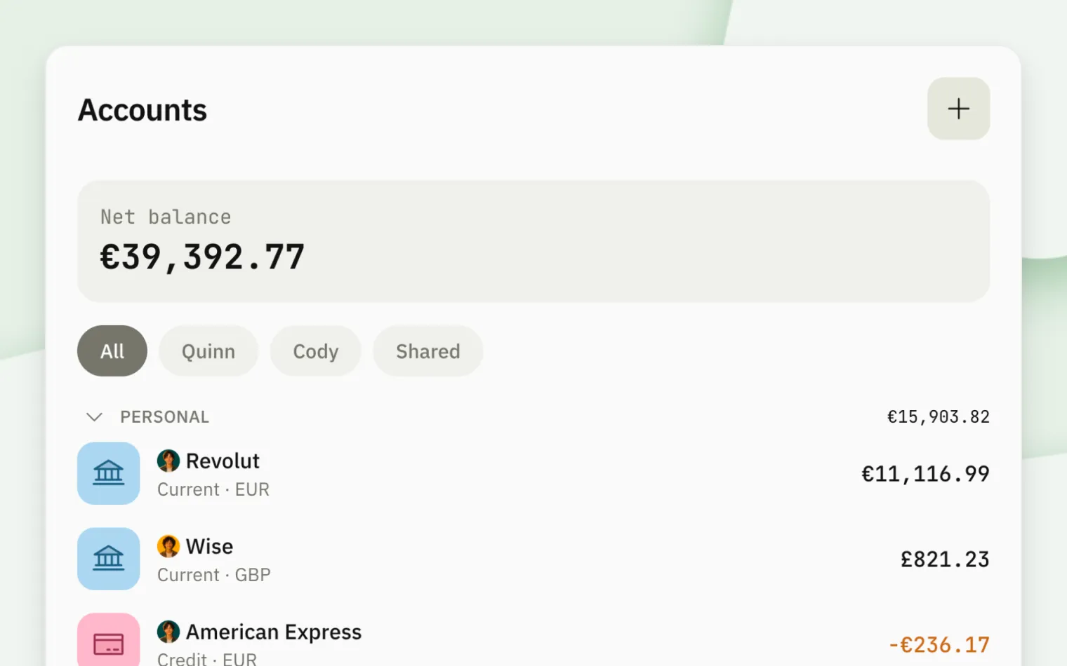 Quidough’s Accounts screen: a net balance of €39,392.77 above Quinn’s and Cody’s accounts, each in its own currency, Revolut in euros, Wise in pounds, and an American Express card.